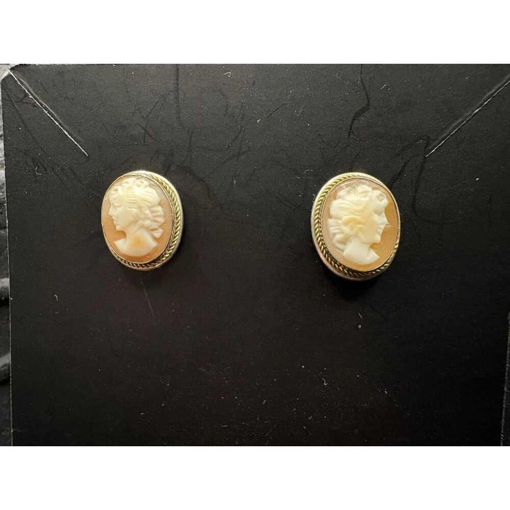 Vintage 925 Sterling Silver Gold Tone Rope Bezel Cameo Stud Earrings 2g